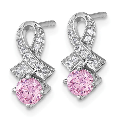 Sterling Silver Rh-Pltd Polish Pink & White CZ Awareness Ribbon Post Earrings