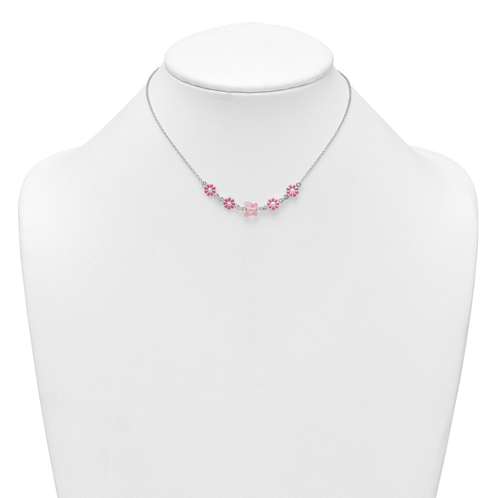 Sterling Silver Glass Butterfly and Enameled Flowers Children's Necklace