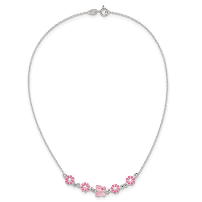 Sterling Silver Glass Butterfly and Enameled Flowers Children's Necklace