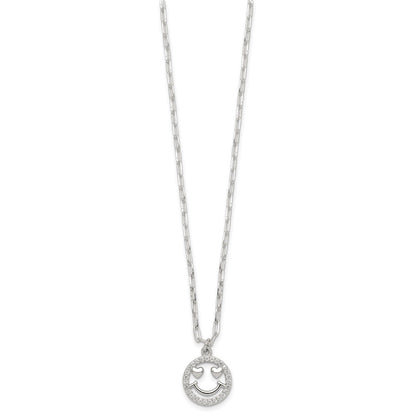 Sterling Silver Polished CZ Heart Eyes Smiley Face Necklace