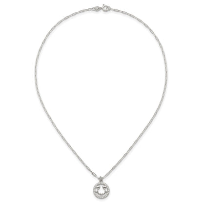 Sterling Silver Polished CZ Heart Eyes Smiley Face Necklace