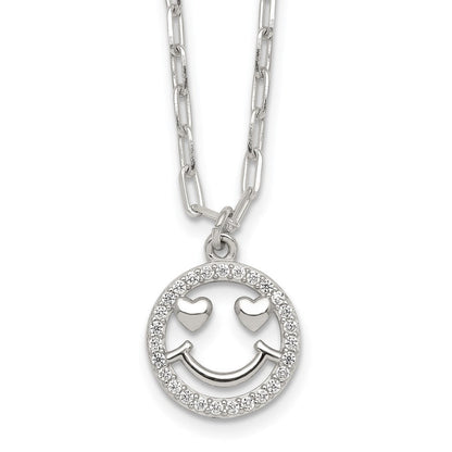 Sterling Silver Polished CZ Heart Eyes Smiley Face Necklace