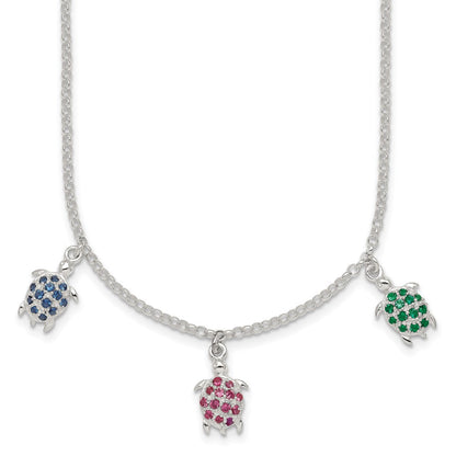 Sterling Silver Polished Green Red and Blue Nano Crystal Turtles Necklace