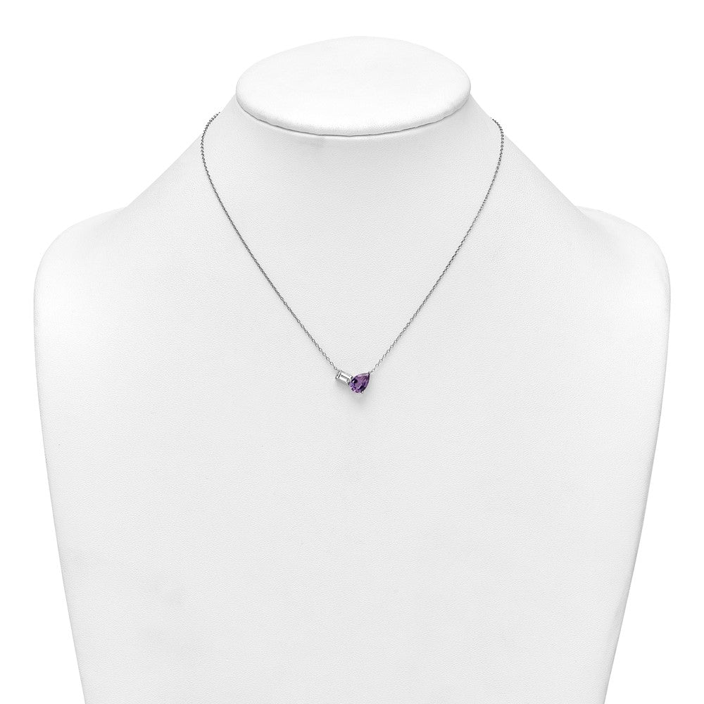 Sterling Silver Rh-Pltd Amethyst and White Topaz Pear Rectangle 16in w/2in Ext Necklace