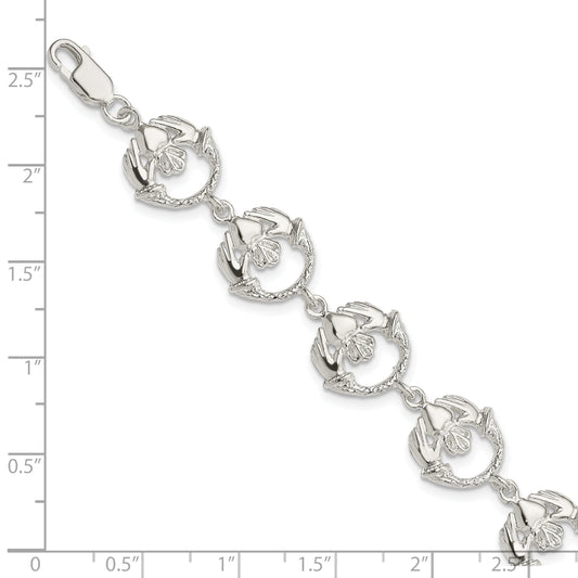 Sterling Silver Polished And Textured Claddagh Link 7 Inch Bracelet