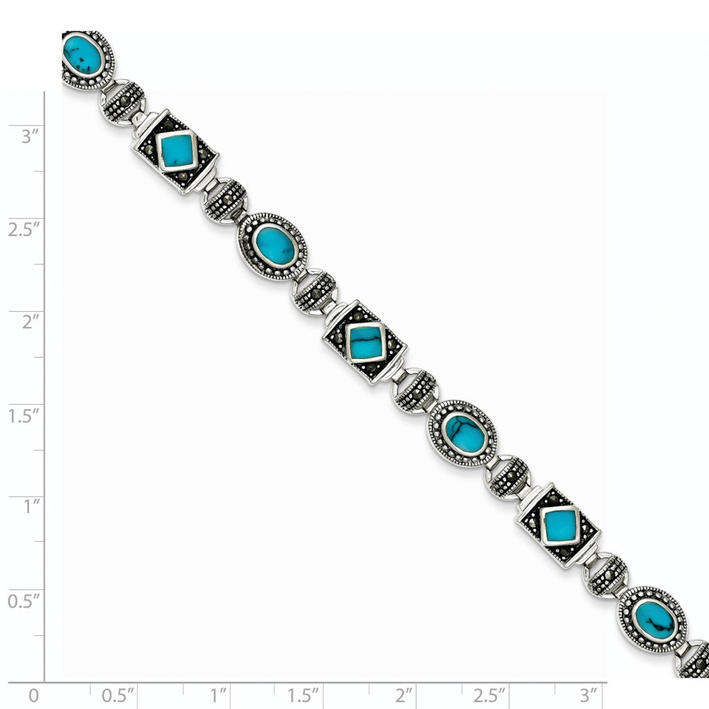 7 Inch Sterling Silver Rhodium-Plated Synth Turquoise And Marcasite Bracelet