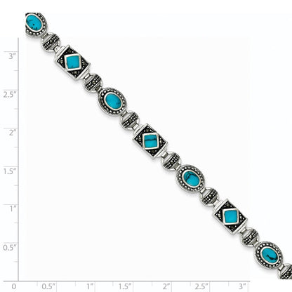 7 Inch Sterling Silver Rhodium-Plated Synth Turquoise And Marcasite Bracelet