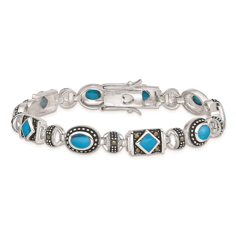 7 Inch Sterling Silver Rhodium-Plated Synth Turquoise And Marcasite Bracelet
