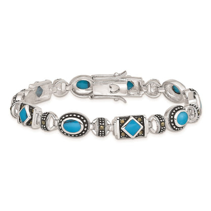 7 Inch Sterling Silver Rhodium-Plated Synth Turquoise And Marcasite Bracelet