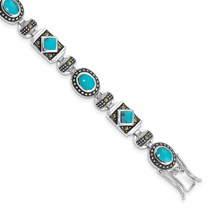 7 Inch Sterling Silver Rhodium-Plated Synth Turquoise And Marcasite Bracelet