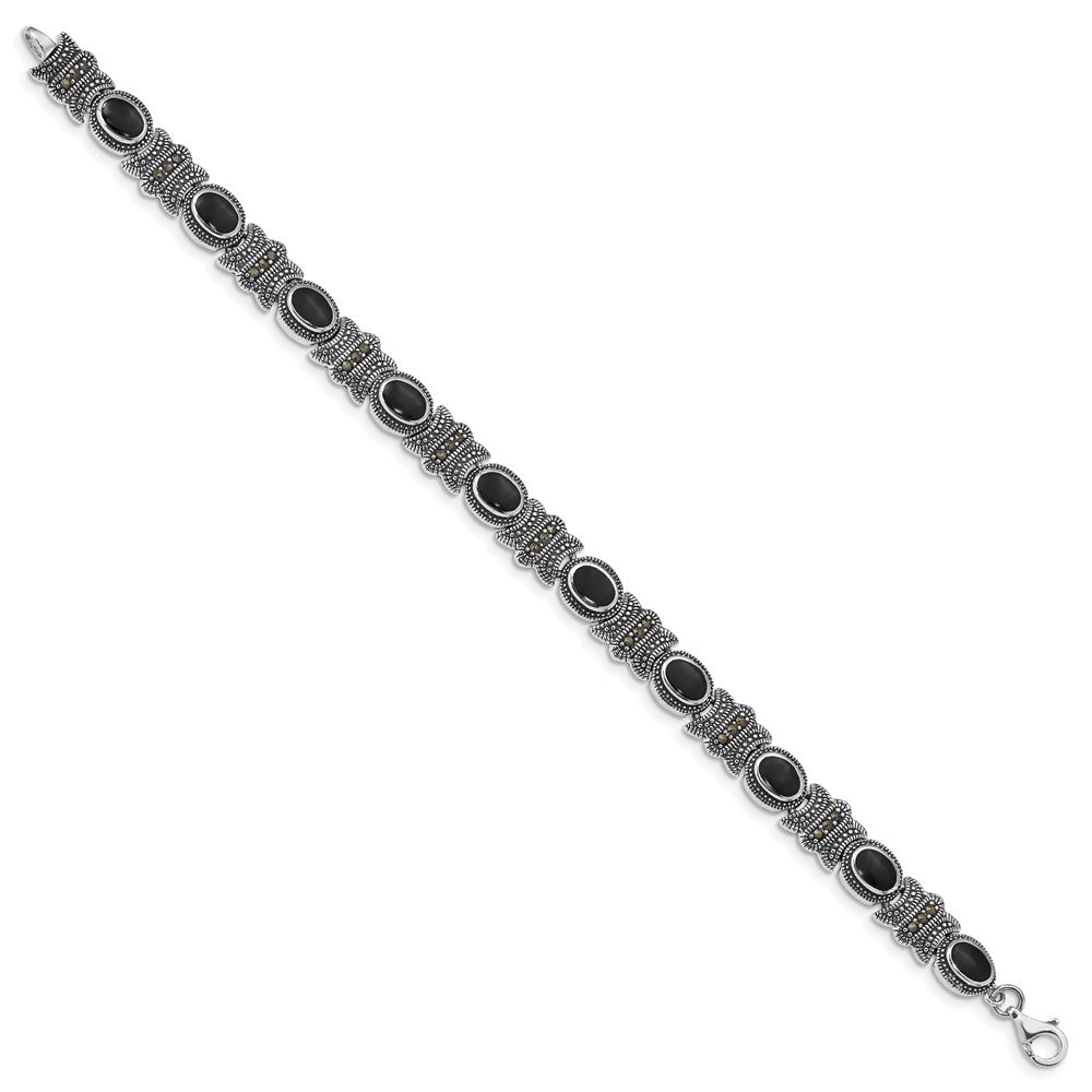 Sterling Silver Rhodium-Plated Marcasite And Onyx 7.25 Inch Bracelet