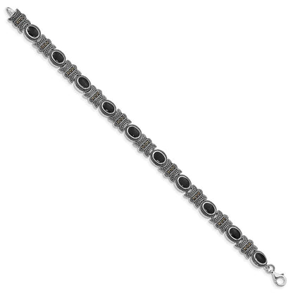 Sterling Silver Rhodium-Plated Marcasite And Onyx 7.25 Inch Bracelet