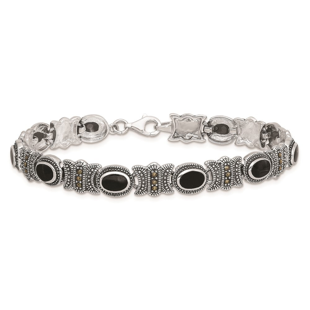 Sterling Silver Rhodium-Plated Marcasite And Onyx 7.25 Inch Bracelet