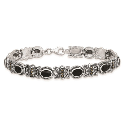 Sterling Silver Rhodium-Plated Marcasite And Onyx 7.25 Inch Bracelet