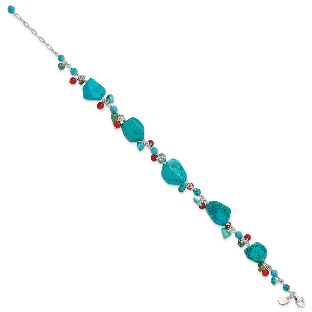 7.5 Inch Sterling Silver Dyed Howlite/Turquoise/Red Coral Bracelet