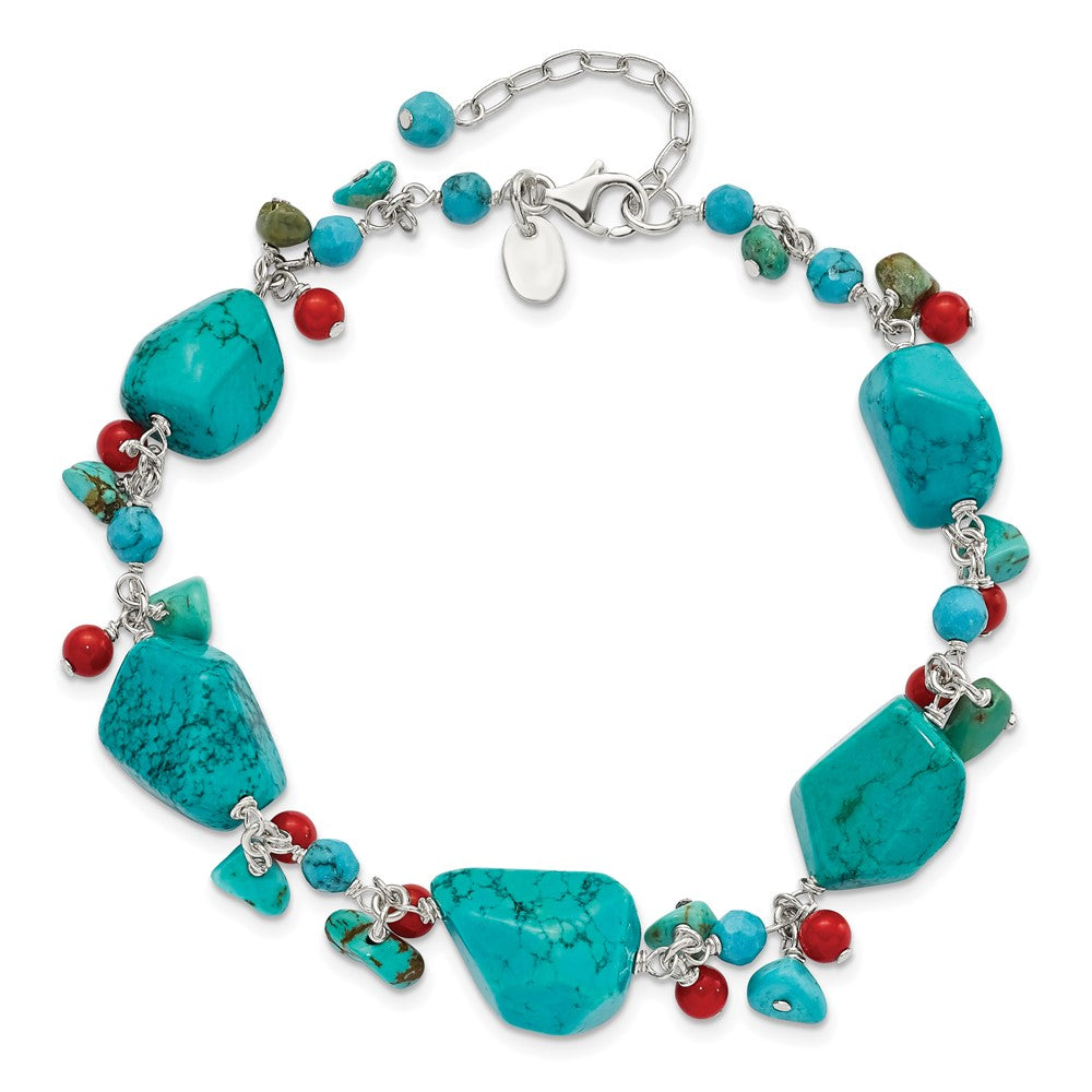 7.5 Inch Sterling Silver Dyed Howlite/Turquoise/Red Coral Bracelet
