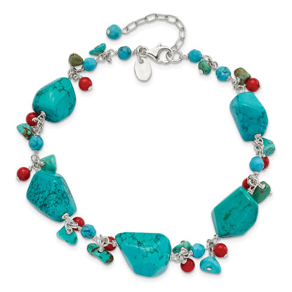 7.5 Inch Sterling Silver Dyed Howlite/Turquoise/Red Coral Bracelet