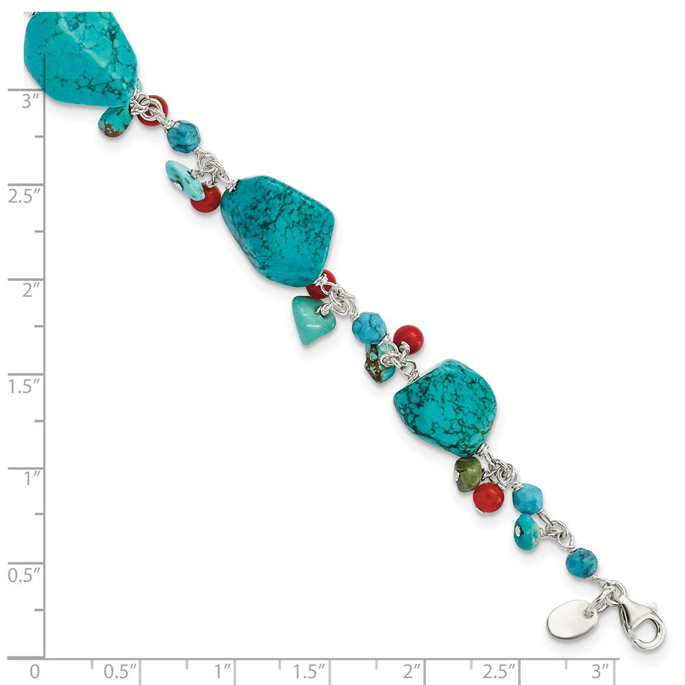 7.5 Inch Sterling Silver Dyed Howlite/Turquoise/Red Coral Bracelet