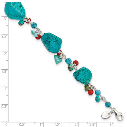 7.5 Inch Sterling Silver Dyed Howlite/Turquoise/Red Coral Bracelet