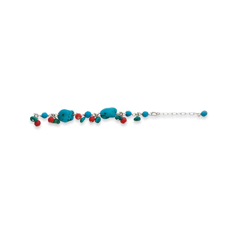 7.5 Inch Sterling Silver Dyed Howlite/Turquoise/Red Coral Bracelet