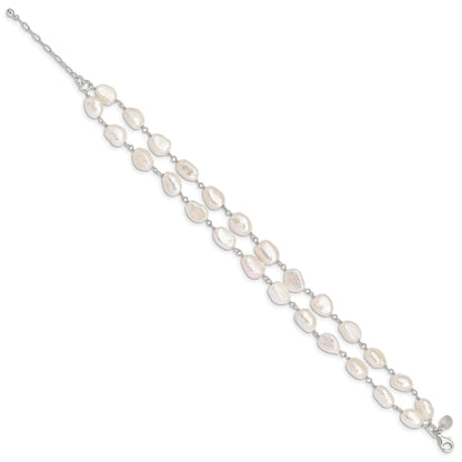 8.5 Inch Sterling Silver 2-Strand White Baroque Fw Cultured Pearl 8.5In Bracelet