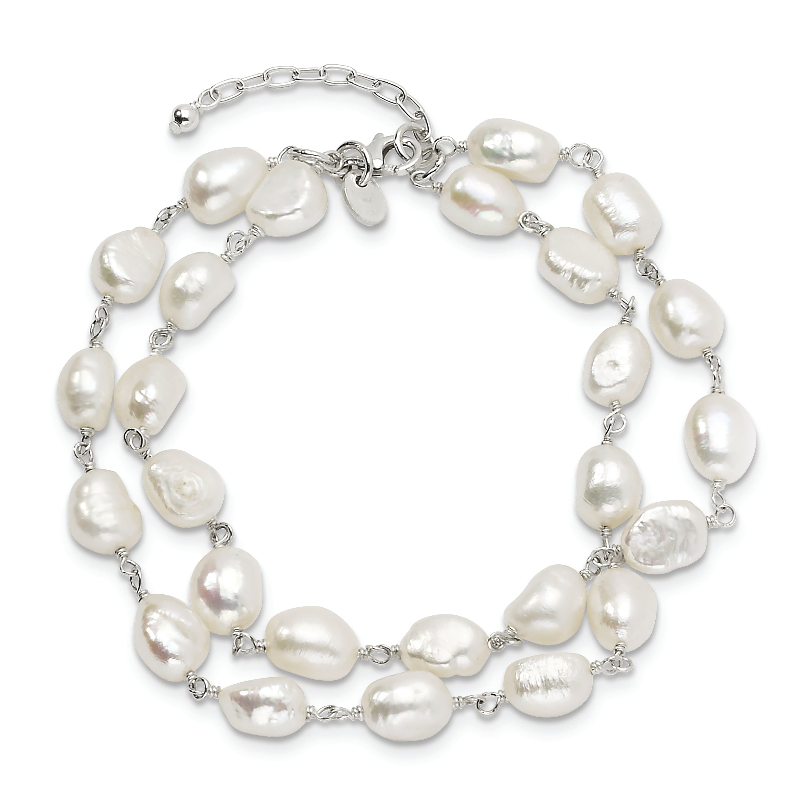 8.5 Inch Sterling Silver 2-Strand White Baroque Fw Cultured Pearl 8.5In Bracelet