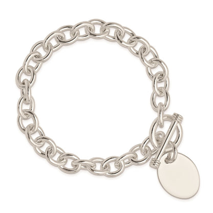 7.5 Inch Sterling Silver Engraveable Oval Disc On Fancy Link Bracelet