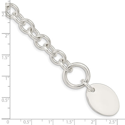 7.5 Inch Sterling Silver Engraveable Oval Disc On Fancy Link Bracelet