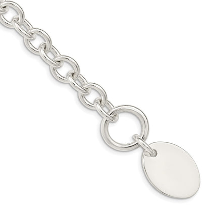 7.5 Inch Sterling Silver Engraveable Oval Disc On Fancy Link Bracelet