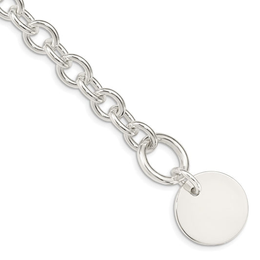7.5 Inch Sterling Silver Engraveable Circular Disc On Fancy Link Bracelet