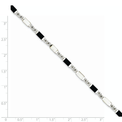 7 Inch Sterling Silver Rhodium-Plated 7In Onyx/Mother Of Pearl Bracelet