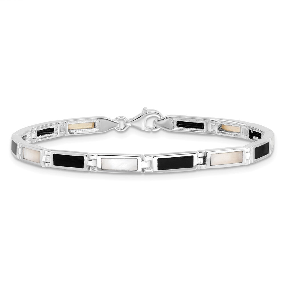 7 Inch Sterling Silver Rhodium-Plated 7In Onyx/Mother Of Pearl Bracelet