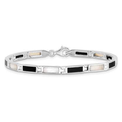 7 Inch Sterling Silver Rhodium-Plated 7In Onyx/Mother Of Pearl Bracelet