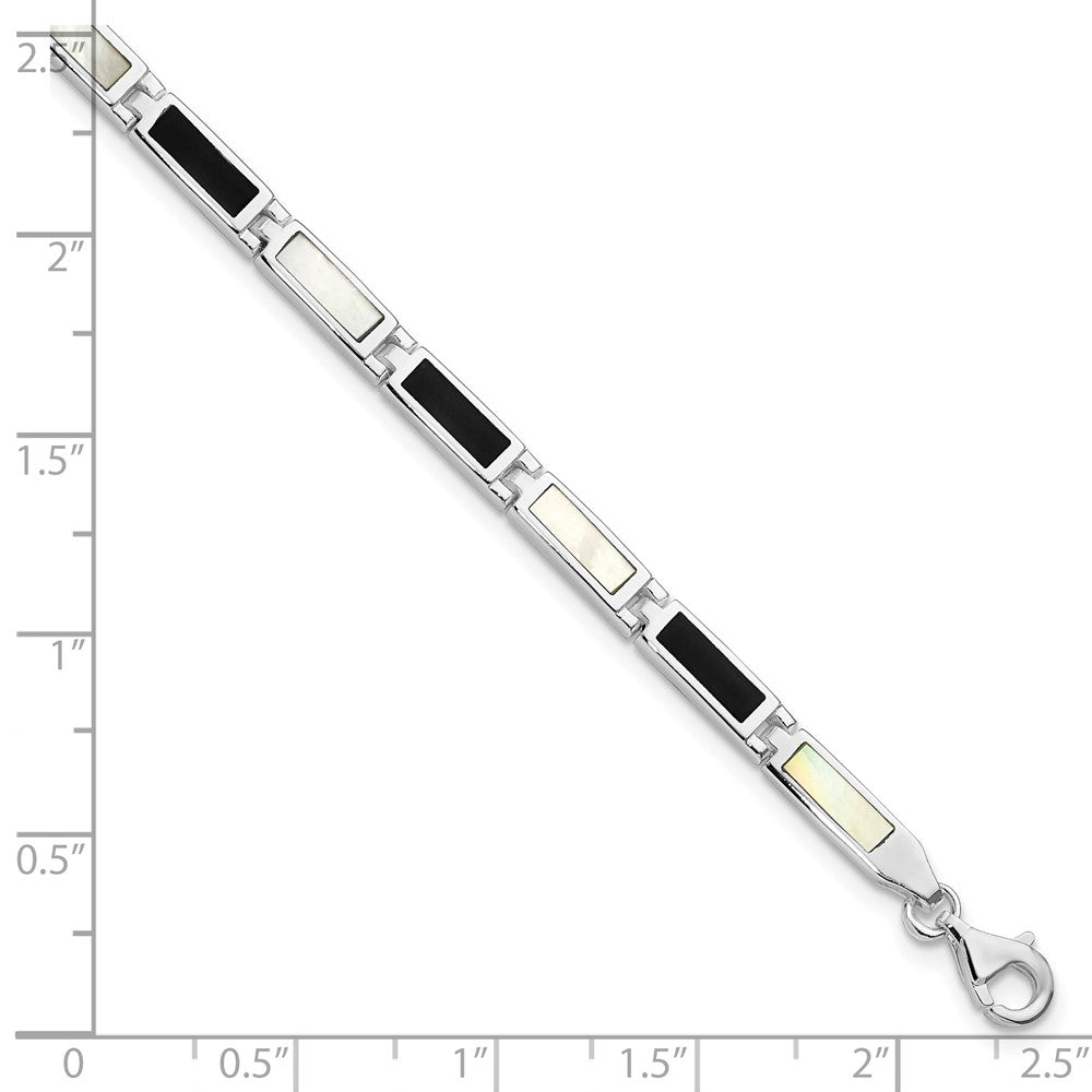 7 Inch Sterling Silver Rhodium-Plated 7In Onyx/Mother Of Pearl Bracelet