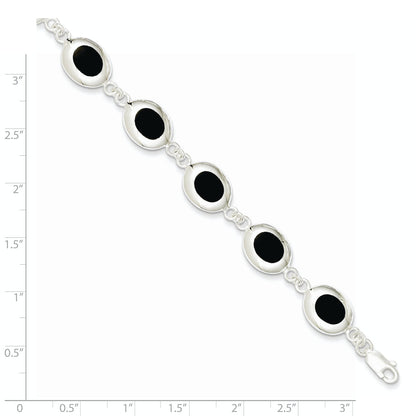 7 Inch Sterling Silver Rhodium-Plated Fancy Polished Onyx Bracelet
