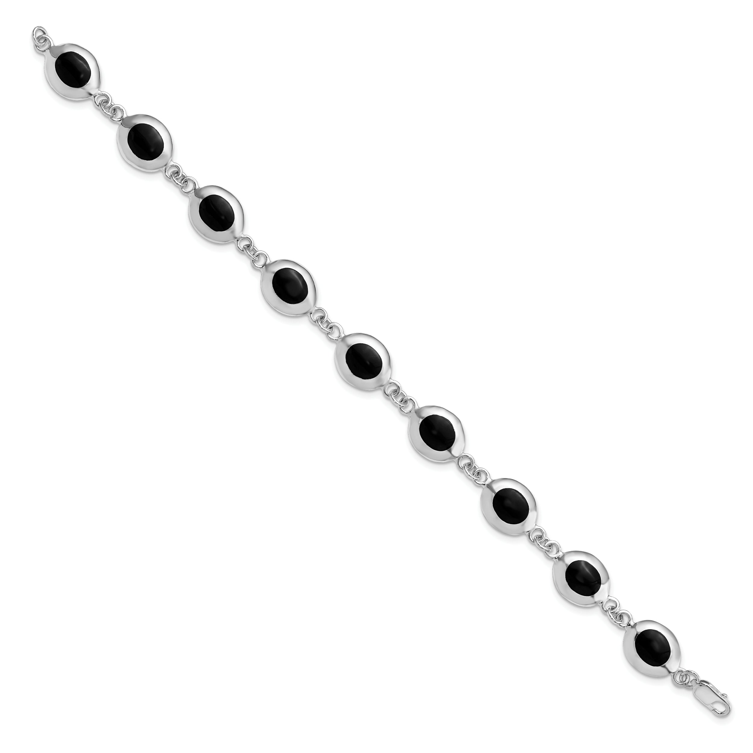 7 Inch Sterling Silver Rhodium-Plated Fancy Polished Onyx Bracelet