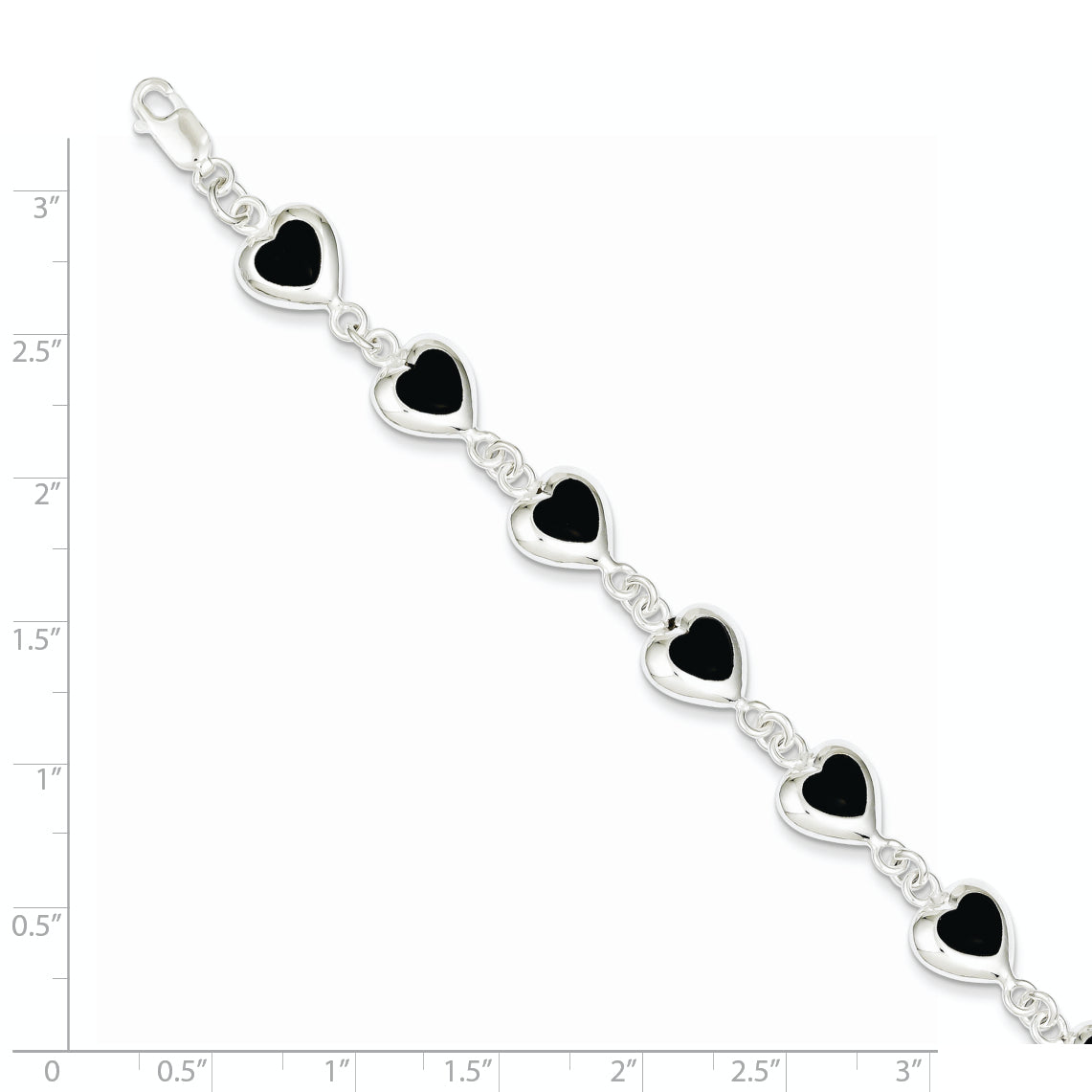 7 Inch Sterling Silver Rhodium-Plated 7Inch Fancy Polished Heart Onyx Bracelet