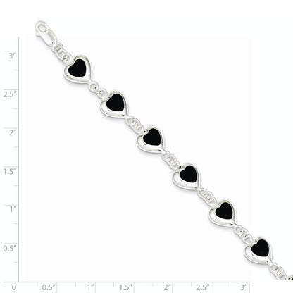 7 Inch Sterling Silver Rhodium-Plated 7Inch Fancy Polished Heart Onyx Bracelet