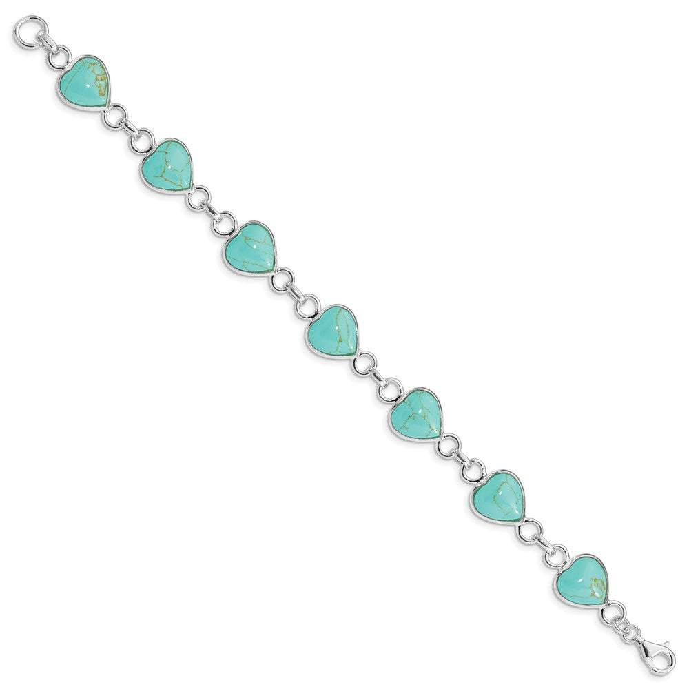 7 Inch Sterling Silver Rhodium-Plated Heart-Shaped Turquoise Bracelet