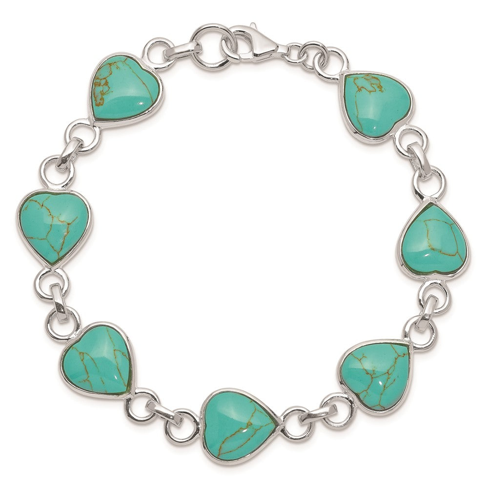 7 Inch Sterling Silver Rhodium-Plated Heart-Shaped Turquoise Bracelet