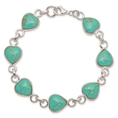 7 Inch Sterling Silver Rhodium-Plated Heart-Shaped Turquoise Bracelet