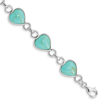 7 Inch Sterling Silver Rhodium-Plated Heart-Shaped Turquoise Bracelet