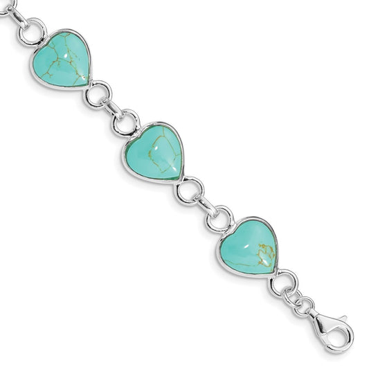 7 Inch Sterling Silver Rhodium-Plated Heart-Shaped Turquoise Bracelet