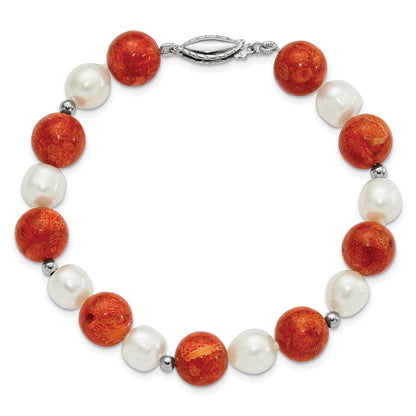 7.5 Inch Sterling Silver Fw Cultured Pearl/Stabilized Red Coral Bracelet