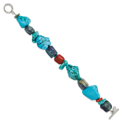 8 Inch Sterling Silver Red Coral/Howlite/Lapis/Turquoise Bracelet
