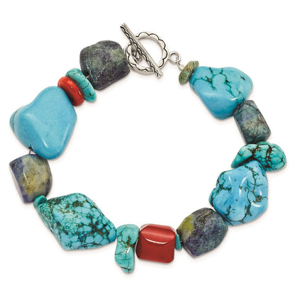 8 Inch Sterling Silver Red Coral/Howlite/Lapis/Turquoise Bracelet