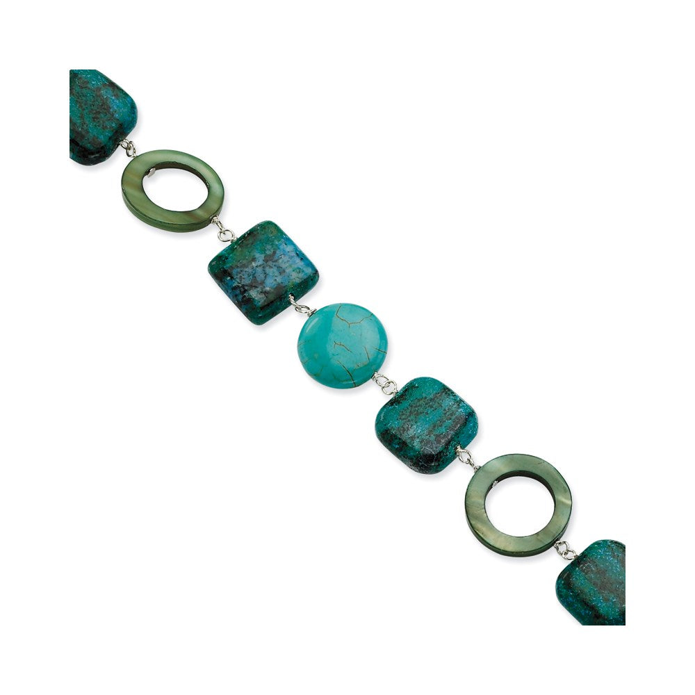 8.5 Inch Sterling Silver Chrysocolla, Dyed Howlite & Mother Of Pearl W/ 1.5In Ext Bracelet