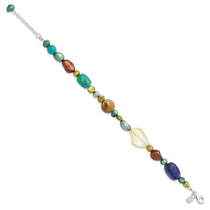 7.5 Inch Sterling Silver Citrine/Lapis/Dyed Howlite/Fw Cultured Pearl Bracelet