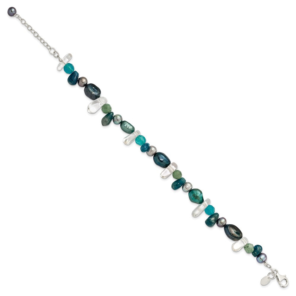 7.75 Inch Sterling Silver Aventurine, Synthetic Blue Quartz/Fwc Pearl Bracelet