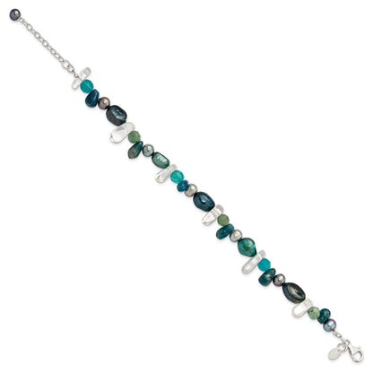 7.75 Inch Sterling Silver Aventurine, Synthetic Blue Quartz/Fwc Pearl Bracelet